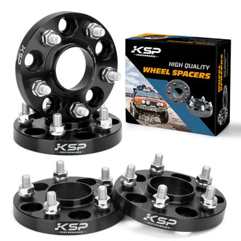 Close-up of two sets of matte black 25mm hubcentric wheel spacers for Honda/Acura, with grade 10.9 bolts and KSP Performance branding, alongside their product box.