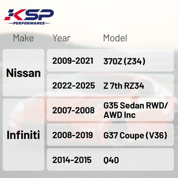 Vehicle fitment chart listing compatibility for Nissan 370Z, 2023+ Z RZ34, Infiniti G35, G37, and Q40.