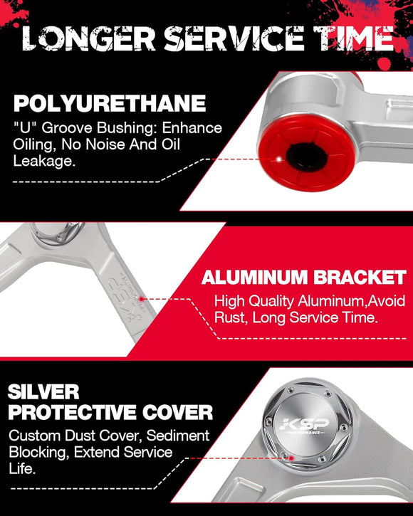 KSP aluminum control arms have bushings with enhanced lubrication, high quality rust-proof aluminum brackets, and custom dust covers