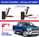 lift kit with spacer thickness and actual lift height measurements, and a blue truck with 2-inch lift shown.