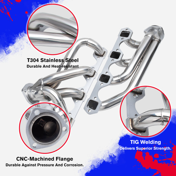 رأس عادم لسيارة فورد موستانج 1964-1978، 289-302-351 V8، مصنوع من الفولاذ المقاوم للصدأ، SBF، مع قابض كتلة صغير