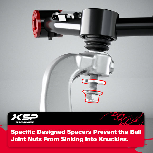 KSP 2-4" Upper Control Arms for 2024-2025 Toyota Tacoma with Large Spacer preventing nut from sinking into OE knuckle hole