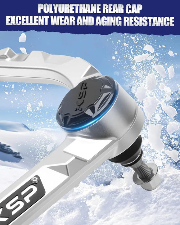 KSP polyurethane rear cap on a suspension link with snow in the background