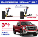 suspension spacer thickness and actual lift height with a red truck.