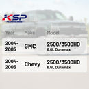 KSP Performance EGR delete kit compatibility chart for 2004-2005 GMC 2500/3500HD and Chevy 2500/3500HD 6.6L Duramax diesel engines, displayed with a lifted white pickup truck, ensuring precise fitment for diesel performance upgrades