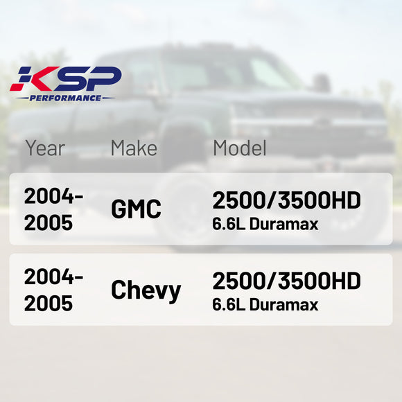 KSP Performance EGR delete kit compatibility chart for 2004-2005 GMC 2500/3500HD and Chevy 2500/3500HD 6.6L Duramax diesel engines, displayed with a lifted white pickup truck, ensuring precise fitment for diesel performance upgrades