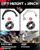 KSP aluminum control arm fits perfectly, lift height is greater than 2 inches