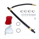 Full kit contents for Duramax LML EGR Delete, showcasing all components including the upgraded intake elbow hose, block-off plates, and hardware, ensuring customers receive everything needed for a complete installation on 2011-2016 Chevy and GMC 6.6L diesel engines.