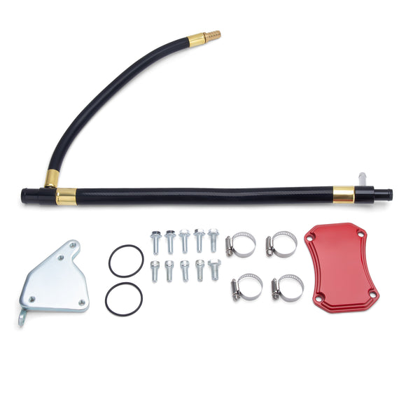 Full kit contents for Duramax LML EGR Delete, showcasing all components including the upgraded intake elbow hose, block-off plates, and hardware, ensuring customers receive everything needed for a complete installation on 2011-2016 Chevy and GMC 6.6L diesel engines.