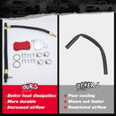 Direct comparison of our EGR delete kit with an intake elbow upgrade versus competitors, highlighting key benefits of our superior design, including better heat dissipation, increased airflow for the Duramax LML, and overall greater durability and performance.