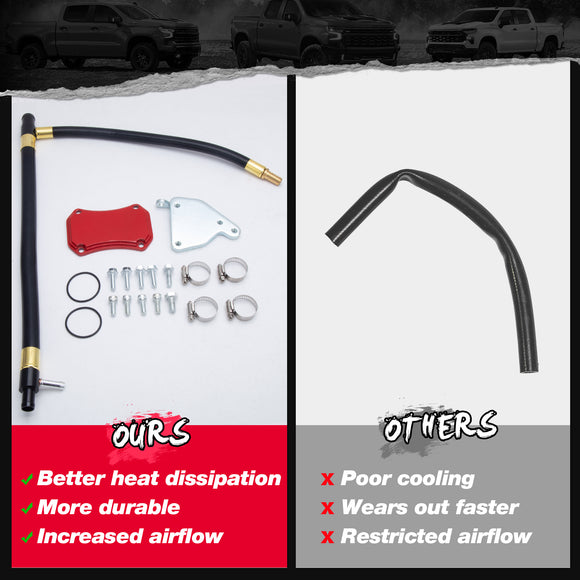 Direct comparison of our EGR delete kit with an intake elbow upgrade versus competitors, highlighting key benefits of our superior design, including better heat dissipation, increased airflow for the Duramax LML, and overall greater durability and performance.