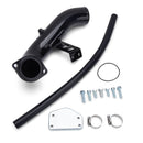 KSP Performance 6.6L Duramax EGR delete kit components with exhaust pipe, hose, clamps, bolts, O-ring, and block-off plate, showcasing a complete solution for 2004-2005 GMC Chevy diesel trucks, enhancing engine performance