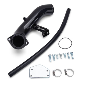 KSP Performance 6.6L Duramax EGR delete kit components with exhaust pipe, hose, clamps, bolts, O-ring, and block-off plate, showcasing a complete solution for 2004-2005 GMC Chevy diesel trucks, enhancing engine performance