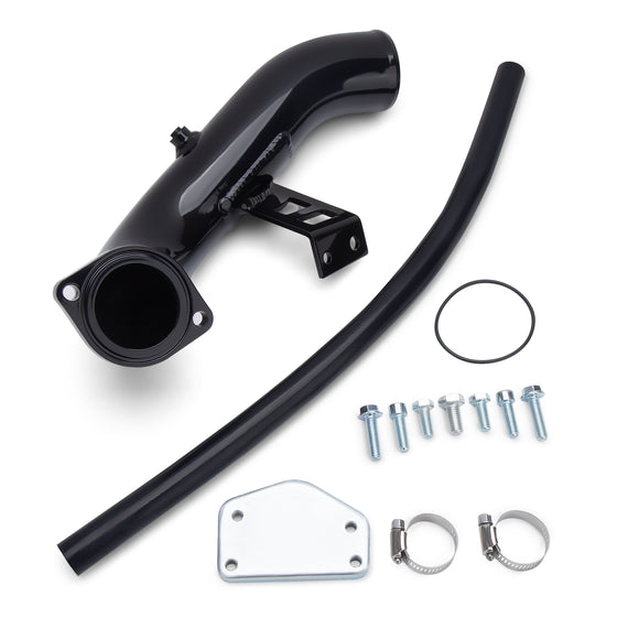 KSP Performance 6.6L Duramax EGR delete kit components with exhaust pipe, hose, clamps, bolts, O-ring, and block-off plate, showcasing a complete solution for 2004-2005 GMC Chevy diesel trucks, enhancing engine performance