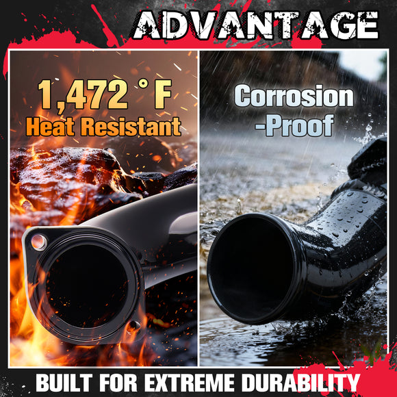 KSP Performance Duramax EGR delete pipe highlighting extreme durability features: 1,472°F heat resistant in fiery conditions and corrosion-proof under water spray, designed for severe duty 6.6L Duramax engine environments