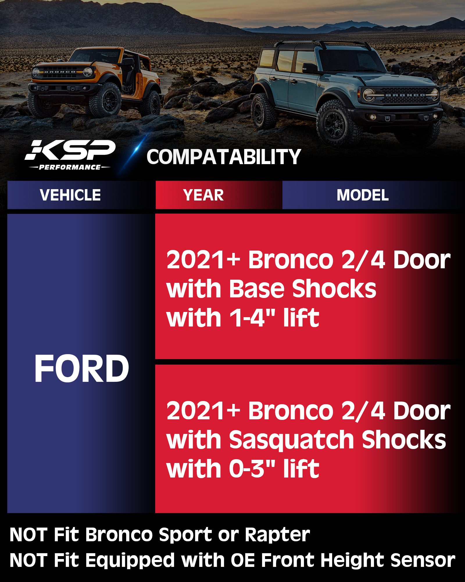 KSP Bronco Control Arms 1"-4" Adjustable Upper Control Arm Leveling Lift Kit for 2021-2024 Ford Bronco - 0