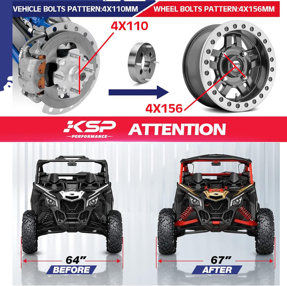 فواصل عجلات ATV مقاس 1.5 بوصة 4x110 مم إلى 4x156 مم محولات مع مسامير 3/8 بوصة - 24 لـ Honda Yamaha Bombardier 
