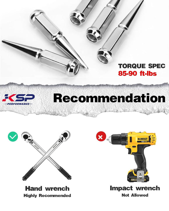 KSP Performance Spike Lug Nuts Torque Specification 85-90 ft-lbs, Use Hand Wrench Only, Impact Wrench Not Recommended