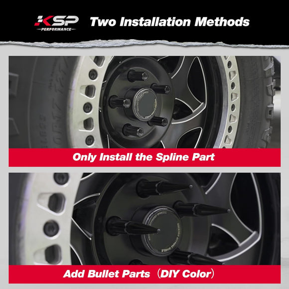 KSP Spike Lug Nuts can be installed using the spline drive alone or enhanced with a bullet spike tip for a custom color finish.