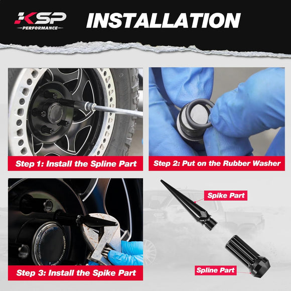 KSP spike lug nut installation: attach the spline base to the wheel, place the rubber washer for sealing, then screw on the spike cap for added style and protection.