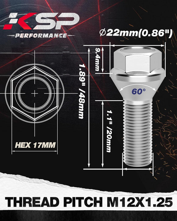 12x1.25 Wheel Lug Bolts for Wheel Spacers, 20pcs ET 28mm Shank 17mm Hex 48mm Length Solid Chrome Studs Set for 2014-2020 Jeep Renegade, 2018-2020 Compass, 2014-2020 Cherokee and More