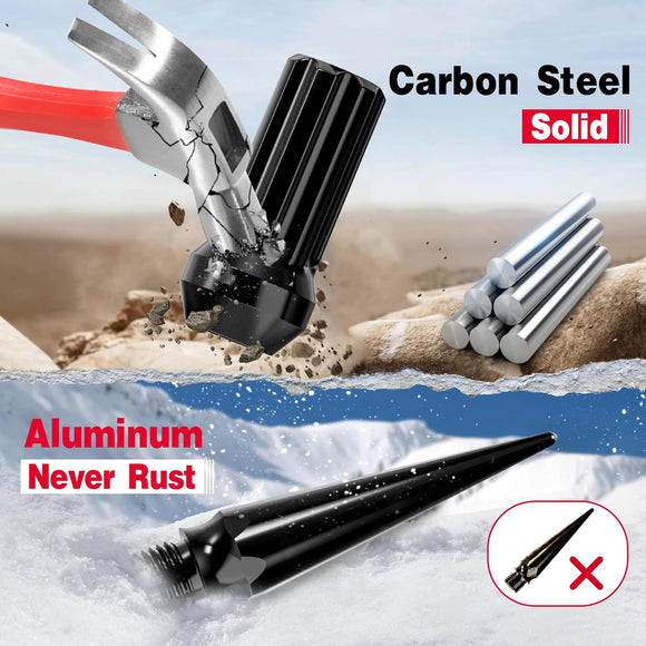 Visual comparison between carbon steel and aluminum spike lug nuts. Top half shows a carbon steel lug nut cracking under pliers, labeled 'Carbon Steel – Solid'; aluminum rods lie nearby. Bottom half highlights a black aluminum spike lug nut in snow with the text 'Aluminum – Never Rust'. A red X marks a rusted or damaged alternative lug nut.