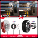 Before and after comparison showing widened stance on Silverado plus exploded view of spacer installation.