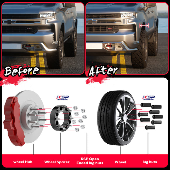 Before and after comparison showing widened stance on Silverado plus exploded view of spacer installation.