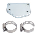 Detailed view of critical KSP Performance EGR delete kit components: a sturdy zinc-plated block-off plate and two durable stainless steel hose clamps, emphasizing precision engineering and quality materials for 6.6L Duramax upgrades