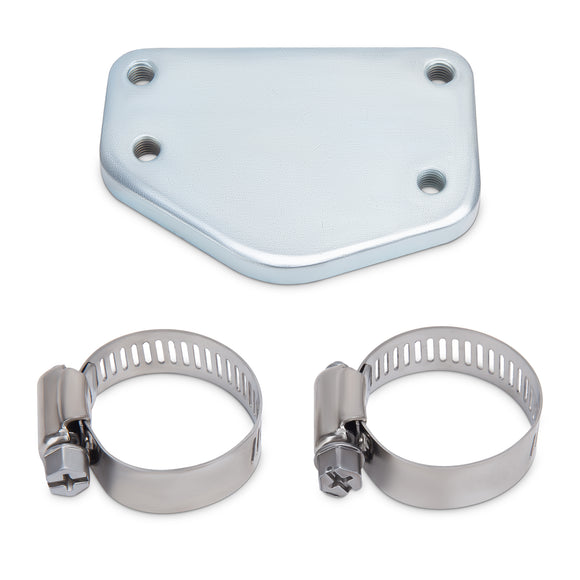 Detailed view of critical KSP Performance EGR delete kit components: a sturdy zinc-plated block-off plate and two durable stainless steel hose clamps, emphasizing precision engineering and quality materials for 6.6L Duramax upgrades