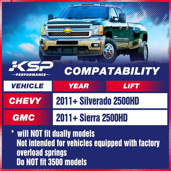 CHEVY 2011+ Silverado 2500HD
GMC 2011+ Sierra 2500HD
Will NOT fit dually models Not intended for vehicles equipped with factory overload springs Do NOT fit 3500 models