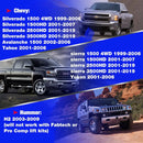 Silverado 1500 4WD 1999-2006, Silverado 1500HD 2001-2007, Silverado 2500HD 2001-2019,Silverado 3500HD 2001-2019, Tahoe 2001-2006, Avalanche 1500 2002-2006; sierra 1500 4WD 1999-2006, sierra 1500HD 2001-2007, sierra 2500HD 2001-2019, sierra 3500HD 2001-2019, Yukon 2001-2006; H2 2003-2009. (will not work with Fabtech or Pro Comp lift kits)