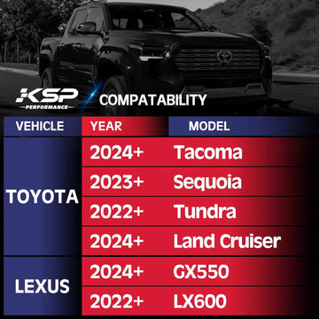 TOYOTA:
2024+ Tacoma
2023+ Sequoia
2022+ Tundra
2024+ Land Cruiser

LEXUS:
2024+ GX550
2022+ LX600