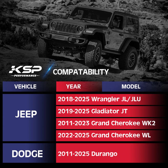 Fitment:
2018-2025 Jeep Wrangler JL/JLU
2019-2025 Jeep Gladiator JT
2011-2023 Jeep Grand Cherokee WK2
2022-2025 Jeep Grand Cherokee WL
2011-2025 Dodge Durango