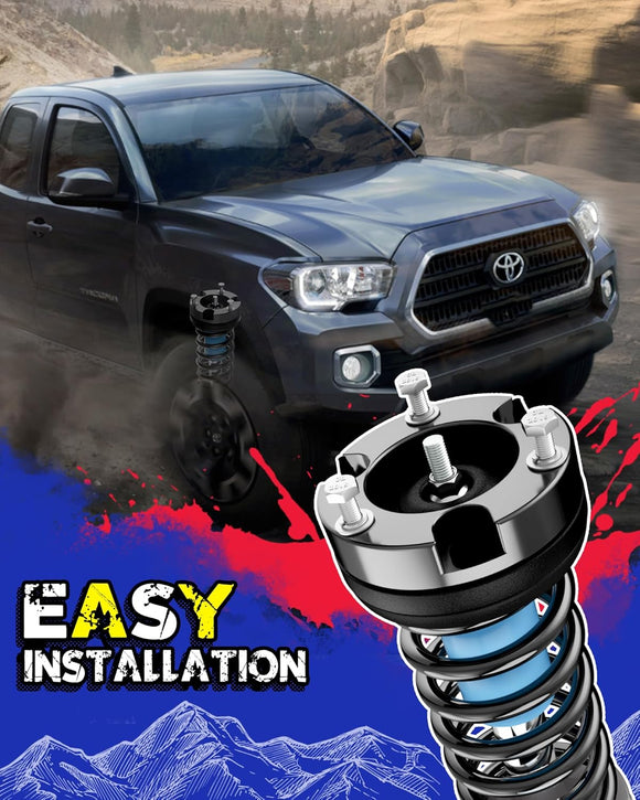 Black truck on a road with a lift kits and 'Easy Installation' text overlay.