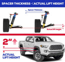 Illustration showing suspension lift kit with spacer thickness and actual lift height measurements, and a white truck with 2-inch lift shown.