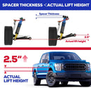 lift kit with spacer thickness and actual lift height measurements, and a blue truck with 2.5-inch lift shown.