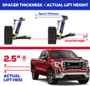 Showing spacer thickness and actual lift height with a blue truck illustration.