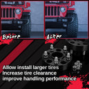 Before and after comparison of a red Jeep with larger tires and wheel spacers on a black background.