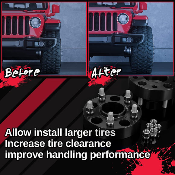 Before and after comparison of a red Jeep with larger tires and wheel spacers on a black background.