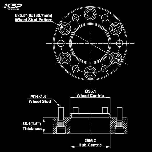 KSP 6x5.5 1inch Wheel Spacers Fit for 2024+ Tacoma, 1.5" 6x139.7 Wheel Spacers with 14x1.5 Studs 95.2mm Hub Bore