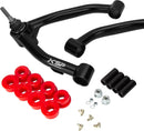 Black suspension control arm with red bushings and black hardware on a white background