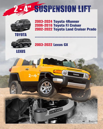 KSP Fitment of 2-4" Aluminum Upper Control Arms for 2003-2024 Toyota 4Runner, 2006-2016Toyota FJ Cruiser, 2002-2022 Toyota Land Cruiser Prado, 2003-2022 Lexus GX