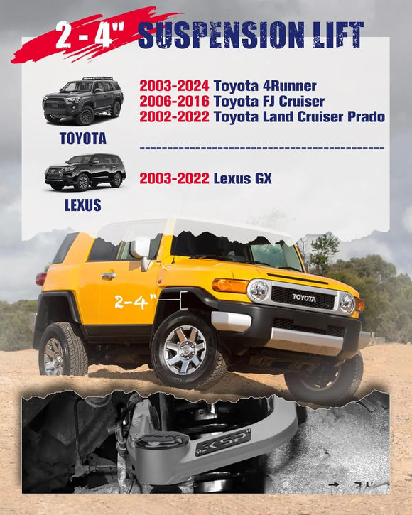KSP Fitment of 2-4" Aluminum Upper Control Arms for 2003-2024 Toyota 4Runner, 2006-2016Toyota FJ Cruiser, 2002-2022 Toyota Land Cruiser Prado, 2003-2022 Lexus GX