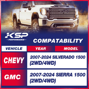 Compatibility chart for KSP Performance products on Chevrolet and GMC trucks.