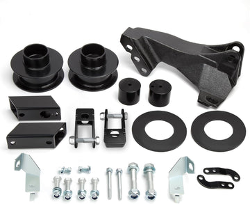 A set of black leveling kit parts for a Ford F250 F350 F450, including spacers, brackets, and hardware.