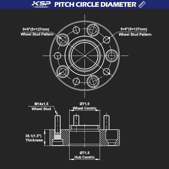 Wheel Stud Pattern: 5x5"(5x127mm)
Wheel Stud Pattern: 5x5"(5x127mm)
Wheel Stud: M14x1.5
Wheel Centric: Diameter 71.5
Thickness: 38.1(1.5”)
Hub Centric: Diameter 71.5