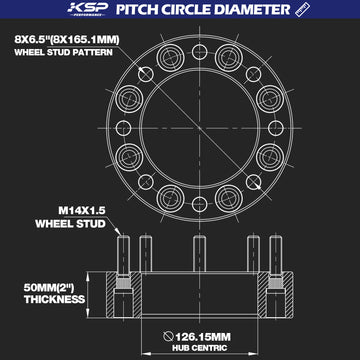 Technical diagram detailing 8x6.5 inch bolt pattern and 126.15mm center bore with M14x1.5 studs.