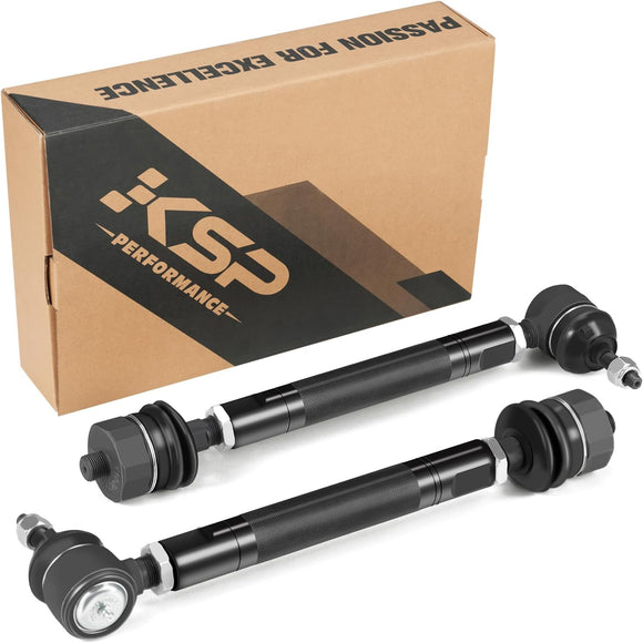 A set of black heavy duty tie rods for 2001-2010 Silverado Sierra 2500 3500 Chevy GMC, displayed alongside the product box with KSP Performance branding.