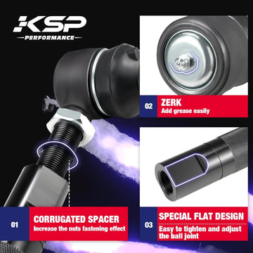 KSP Tie Rods advantages
1: Increase the nuts fastening effect
2: Add grease easily
3: Easy to tighten and adjust the ball joint
